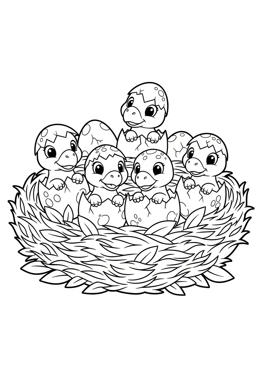 Meerdere baby dino's kruipen uit eieren in een groot nest kleurplaat