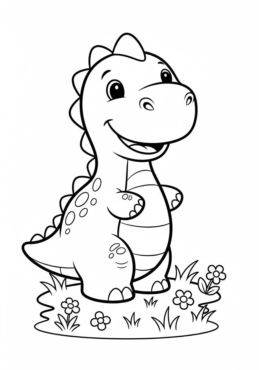 Cartoon dinosaurus met grote glimlach en eenvoudige vormen voor kinderen kleurplaat