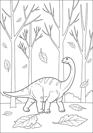 Dino in een herfstbos vol bladeren kleurplaat om te printen en kleuren