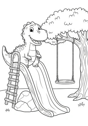 Dino in een speeltuin kleurplaat om te printen en kleuren