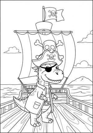 Dino piraat op een schip kleurplaat om te printen en kleuren