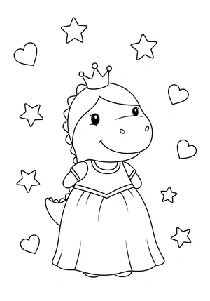Dino prinses met kroon en jurk kleurplaat om te printen en kleuren