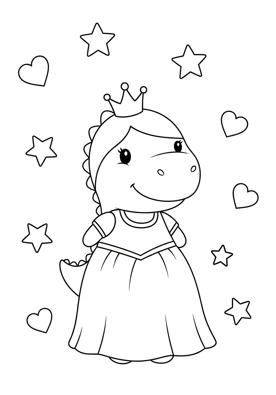 Schattige dinosaurus prinses draagt een kroon en lange jurk kleurplaat