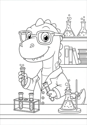 Dino wetenschapper in een laboratorium kleurplaat om te printen en kleuren