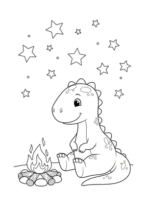 Dinosaurus bij een kampvuur met sterrenhemel kleurplaat om te printen en kleuren