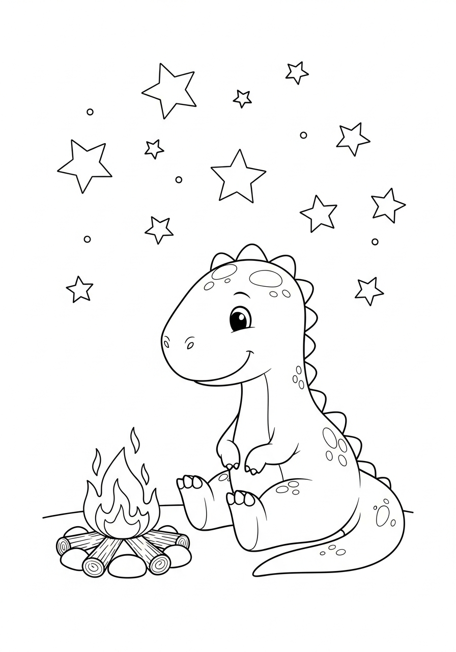Dinosaurus zit bij een klein kampvuur onder een sterrenhemel kleurplaat