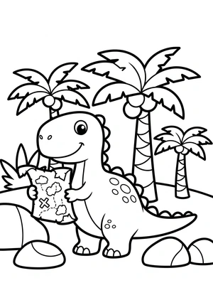 Dinosaurus met een schatkaart kleurplaat om te printen en kleuren