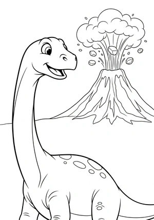 Dinosaurus en vulkaanuitbarsting op de achtergrond kleurplaat om te printen en kleuren