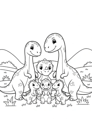 Dinosaurus familie met drie baby dino's kleurplaat om te printen en kleuren