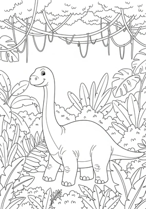 Dinosaurus in de jungle met lianen kleurplaat om te printen en kleuren