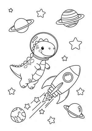 Dinosaurus in de ruimte met raket kleurplaat om te printen en kleuren