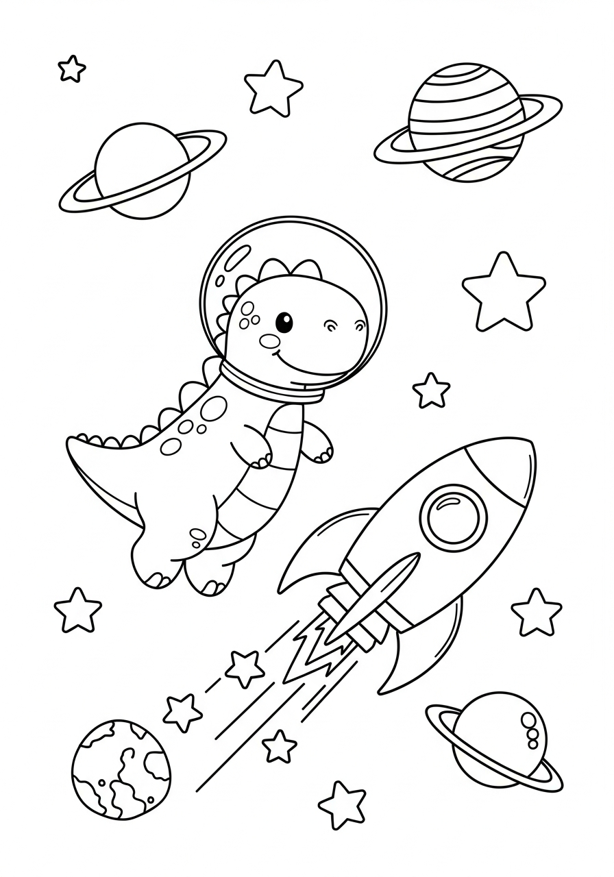 Cartoon dinosaurus zweeft in de ruimte naast een raket en planeten kleurplaat