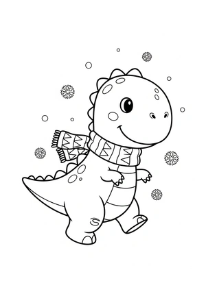 Dinosaurus in de sneeuw met sjaal kleurplaat om te printen en kleuren
