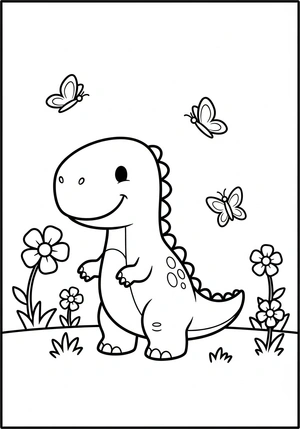 Dinosaurus in een bloemenveld kleurplaat om te printen en kleuren