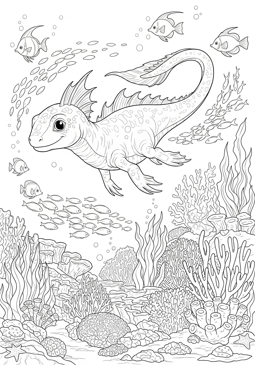 Fantasie dinosaurus zwemt tussen vissen en koraal in de zee kleurplaat