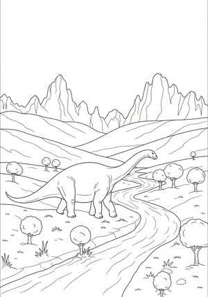 Dinosaurus in een prehistorische vallei kleurplaat om te printen en kleuren