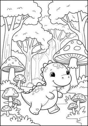 Dinosaurus in een sprookjesachtig bos kleurplaat om te printen en kleuren