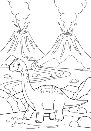 Dinosaurus in een vulkanisch landschap kleurplaat om te printen en kleuren