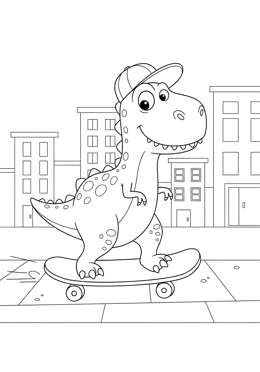 Vrolijke dinosaurus rijdt op een skateboard over een stoep kleurplaat