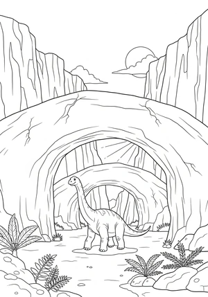 Dinosaurus tussen prehistorische rotsbogen kleurplaat om te printen en kleuren