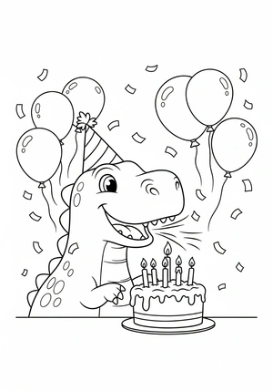 Dinosaurus viert verjaardag met taart kleurplaat om te printen en kleuren