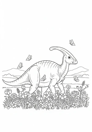 Parasaurolophus in een bloemenweide kleurplaat om te printen en kleuren