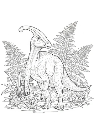Parasaurolophus tussen hoge varens kleurplaat om te printen en kleuren