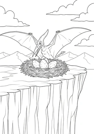 Pterodactylus nest hoog op de rots kleurplaat om te printen en kleuren
