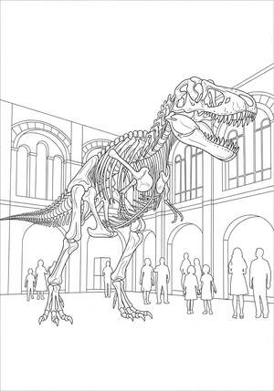 Skelet van een dinosaurus in een museum kleurplaat om te printen en kleuren