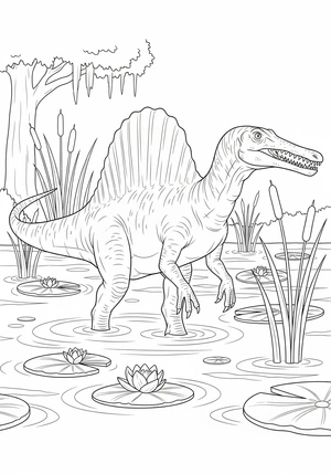 Spinosaurus in een moeras vol planten kleurplaat om te printen en kleuren
