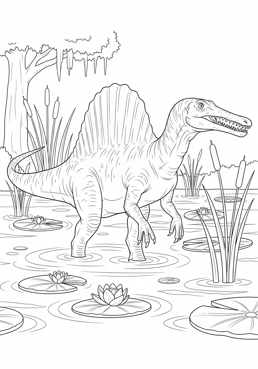 Spinosaurus staat in een moeras met waterplanten en lelies kleurplaat
