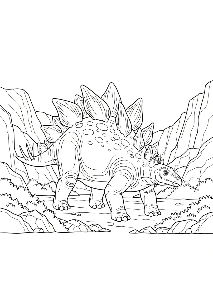 Stegosaurus loopt door een rotsachtig prehistorisch landschap met struiken kleurplaat