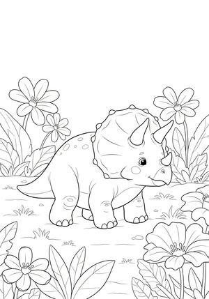 Triceratops tussen de prehistorische bloemen kleurplaat om te printen en kleuren