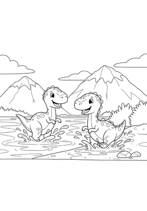 Twee spelende dino's bij een meer kleurplaat om te printen en kleuren