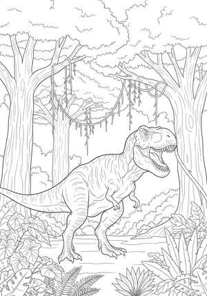 Tyrannosaurus rex in een dicht oerwoud kleurplaat om te printen en kleuren