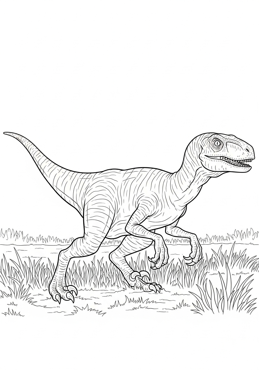 Velociraptor sluipt laag door hoog gras in een prehistorische vlakte kleurplaat