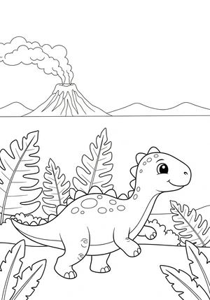 Vriendelijke dinosaurus in prehistorisch bos kleurplaat om te printen en kleuren