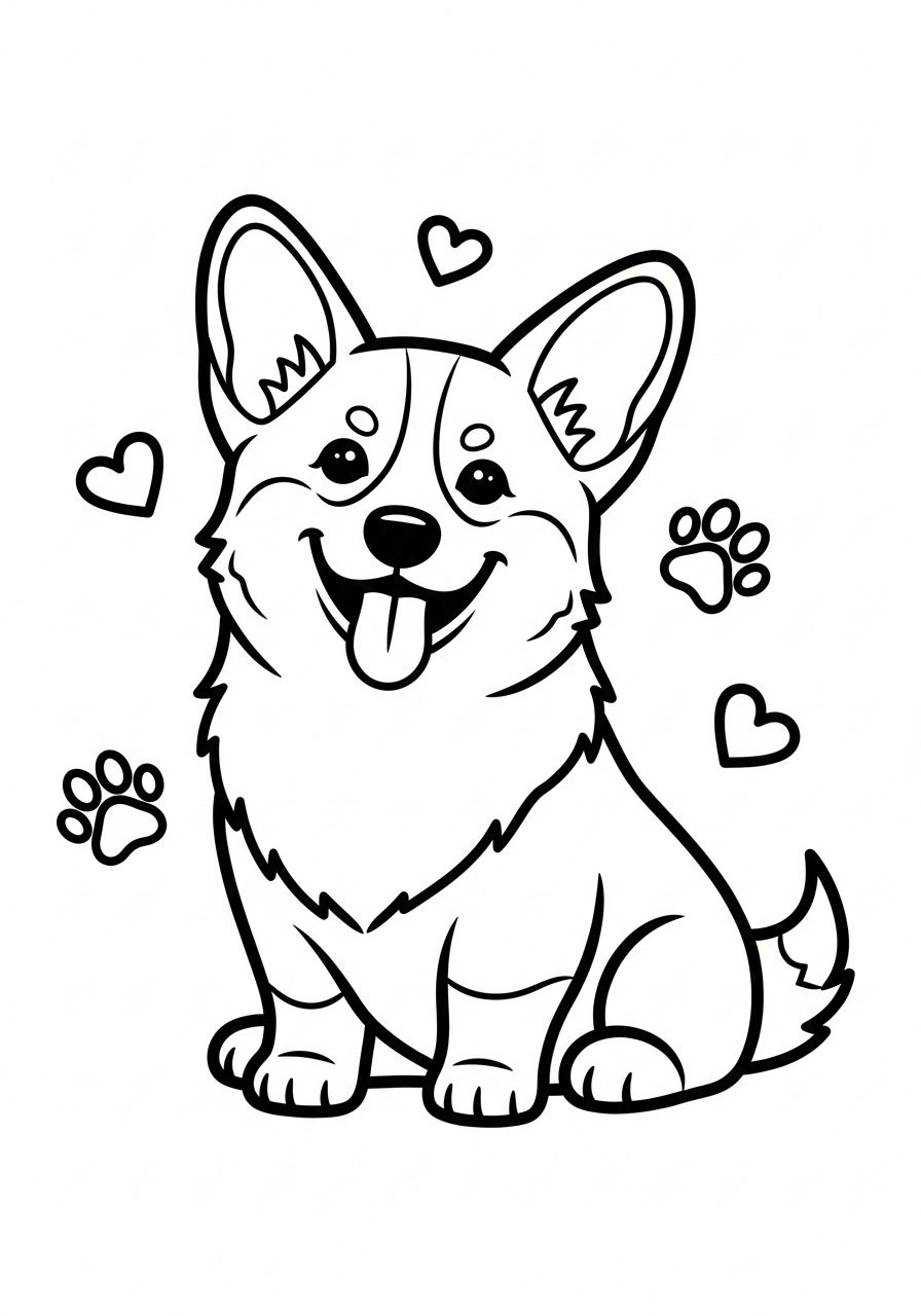 Hond kleurplaat van een corgi met korte pootjes en grote oren, om in te kleuren kleurplaat