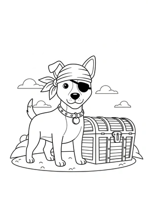 Hond als piraat met schatkist kleurplaat om te printen en kleuren