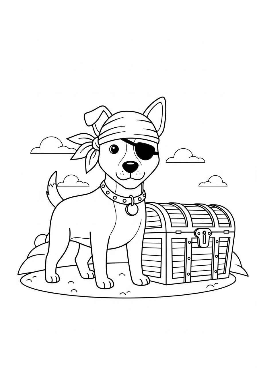 Hond kleurplaat van een hond als piraat met een schatkist, om in te kleuren kleurplaat
