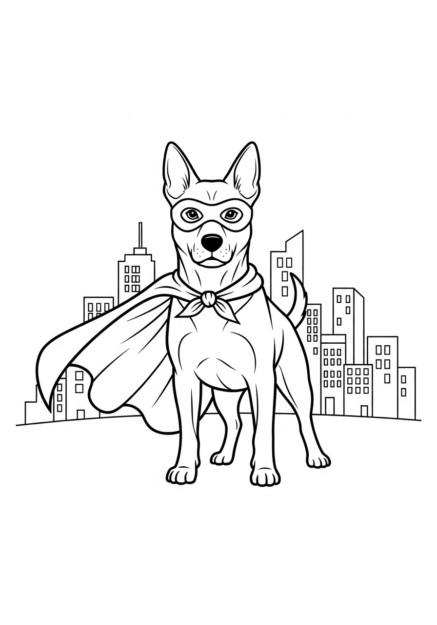 Hond kleurplaat van een hond verkleed als superheld met cape, klaar om in te kleuren kleurplaat
