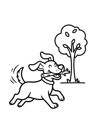 Hond die een stok haalt kleurplaat om te printen en kleuren