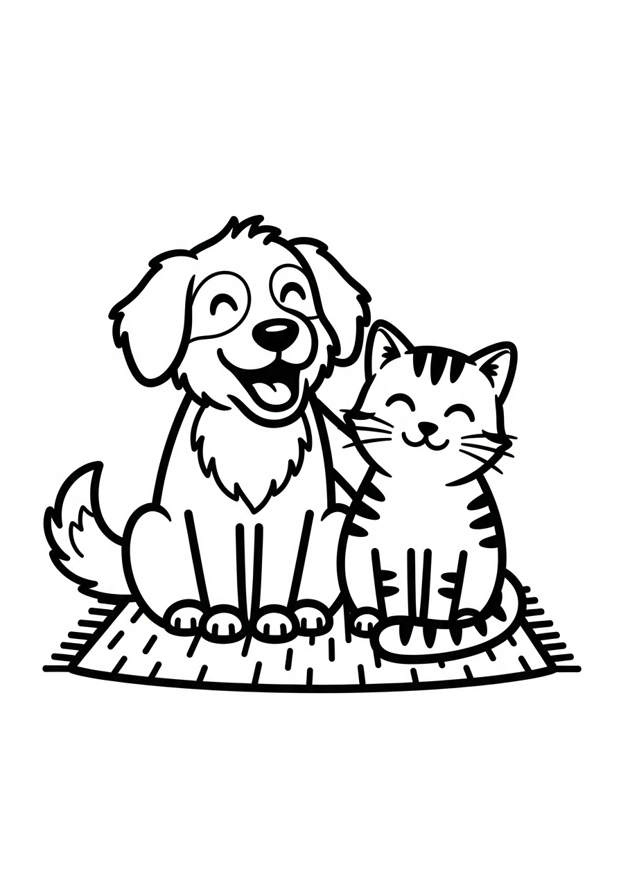 Hond kleurplaat met een hond en een kat die vrienden zijn, samen om in te kleuren kleurplaat