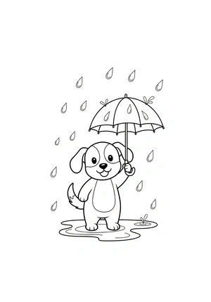 Hond in de regen met paraplu kleurplaat om te printen en kleuren
