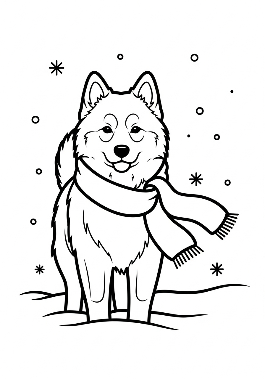 Hond kleurplaat van een hond met sjaal in de sneeuw, met sneeuwvlokken om in te kleuren kleurplaat