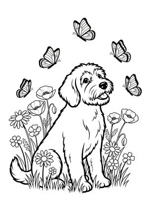 Hond in een bloemenveld kleurplaat om te printen en kleuren