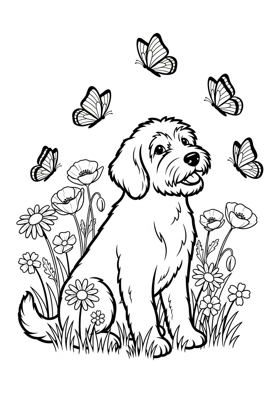 Hond kleurplaat van een hond tussen bloemen in een veld, met vlinders om in te kleuren kleurplaat