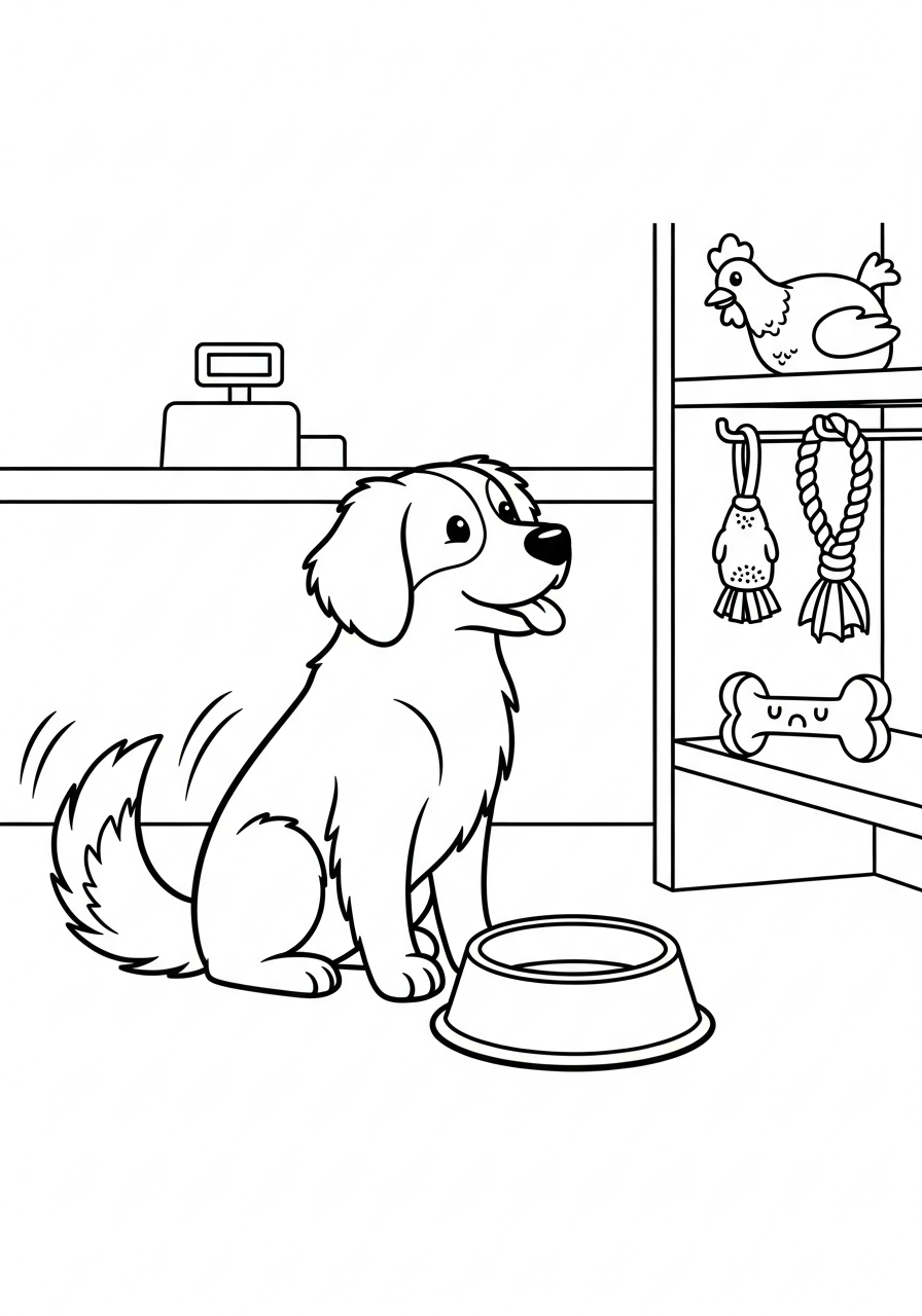 Hond kleurplaat van een hond in een dierenwinkel met voerbak en speeltjes om in te kleuren kleurplaat