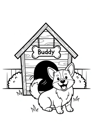 Hond in een hondenhok kleurplaat om te printen en kleuren