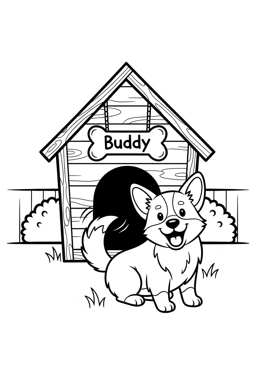 Hond kleurplaat van een hond die voor zijn hondenhok zit, met een naamplaatje om in te kleuren kleurplaat